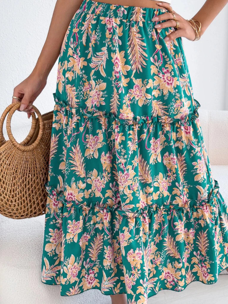Floral Print Ruffle Hem Flowy Midi Skirt - Green by Trendsi from FREYA’S CLOSET
