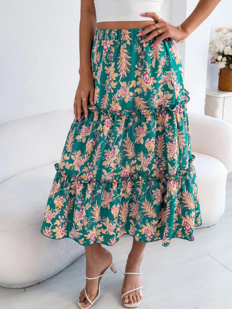 Floral Print Ruffle Hem Flowy Midi Skirt - Green by Trendsi from FREYA’S CLOSET