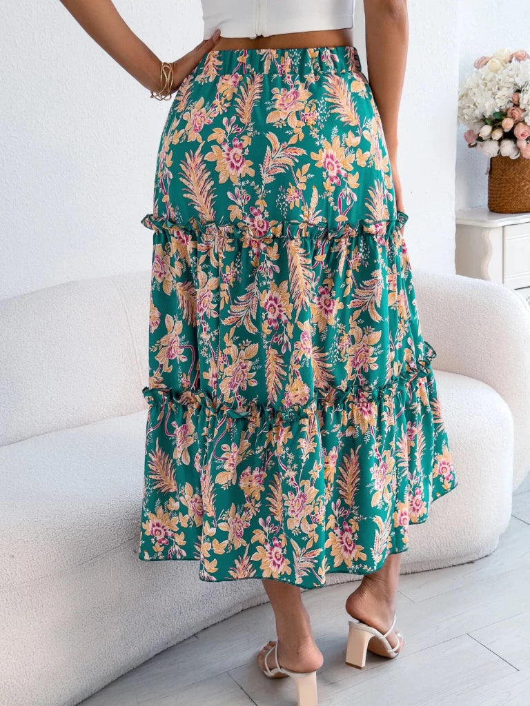 Floral Print Ruffle Hem Flowy Midi Skirt - Green by Trendsi from FREYA’S CLOSET