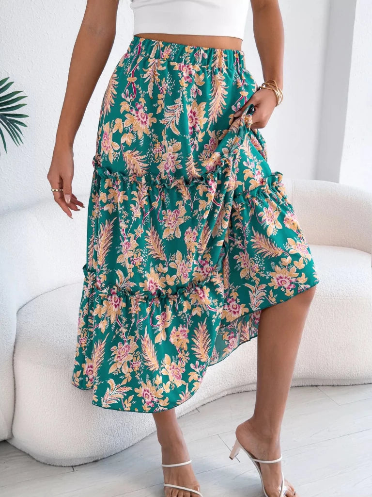 Floral Print Ruffle Hem Flowy Midi Skirt - Green by Trendsi from FREYA’S CLOSET