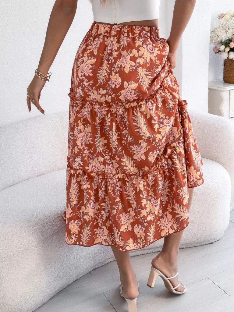 Floral Print Ruffle Hem Flowy Midi Skirt - Orange by Trendsi from FREYA’S CLOSET