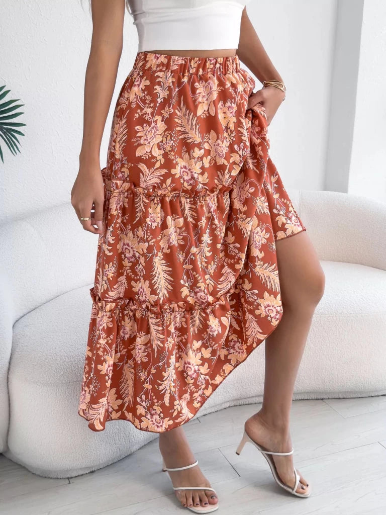 Floral Print Ruffle Hem Flowy Midi Skirt - Orange by Trendsi from FREYA’S CLOSET