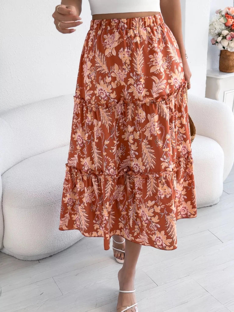 Floral Print Ruffle Hem Flowy Midi Skirt - Orange by Trendsi from FREYA’S CLOSET