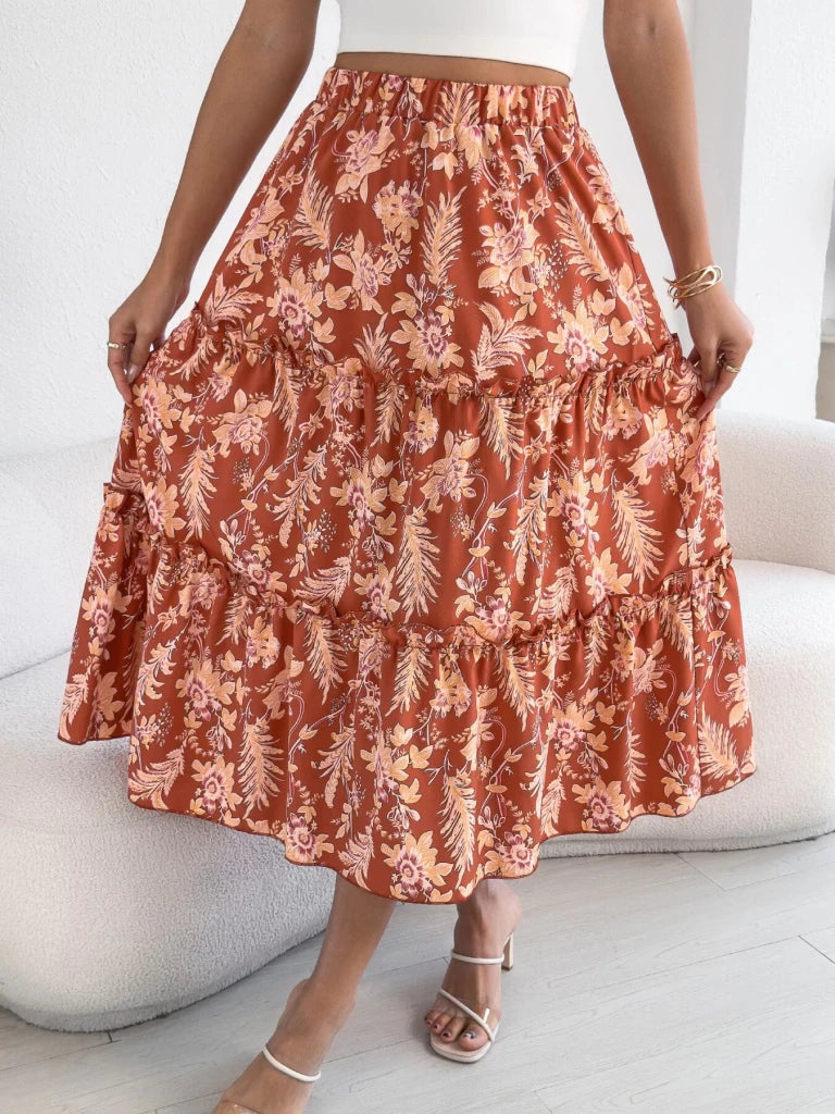 Floral Print Ruffle Hem Flowy Midi Skirt - Orange by Trendsi from FREYA’S CLOSET
