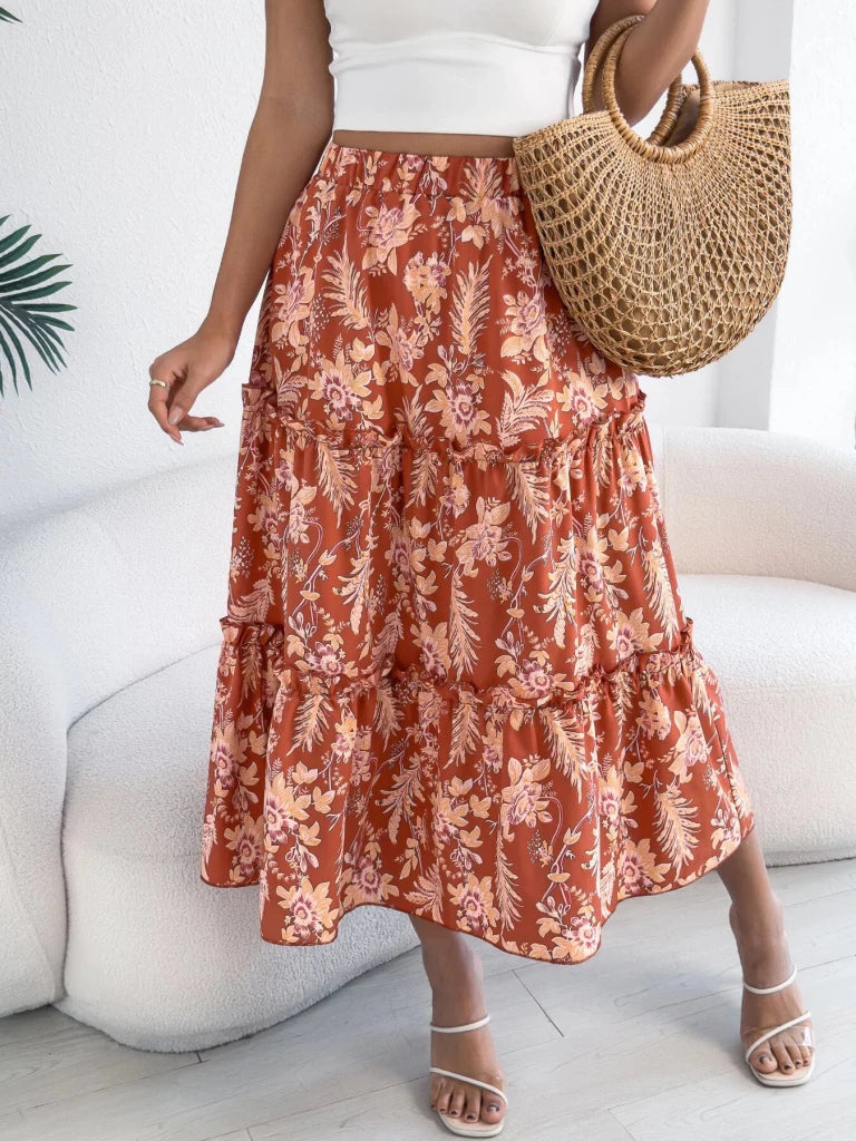 Floral Print Ruffle Hem Flowy Midi Skirt - Orange by Trendsi from FREYA’S CLOSET