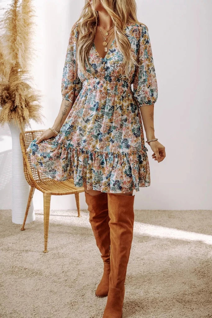 Floral Print Ruffle Hem Mini Dress - Floral by Trendsi from FREYA’S CLOSET