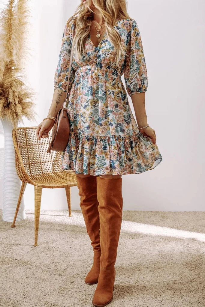 Floral Print Ruffle Hem Mini Dress - Floral by Trendsi from FREYA’S CLOSET