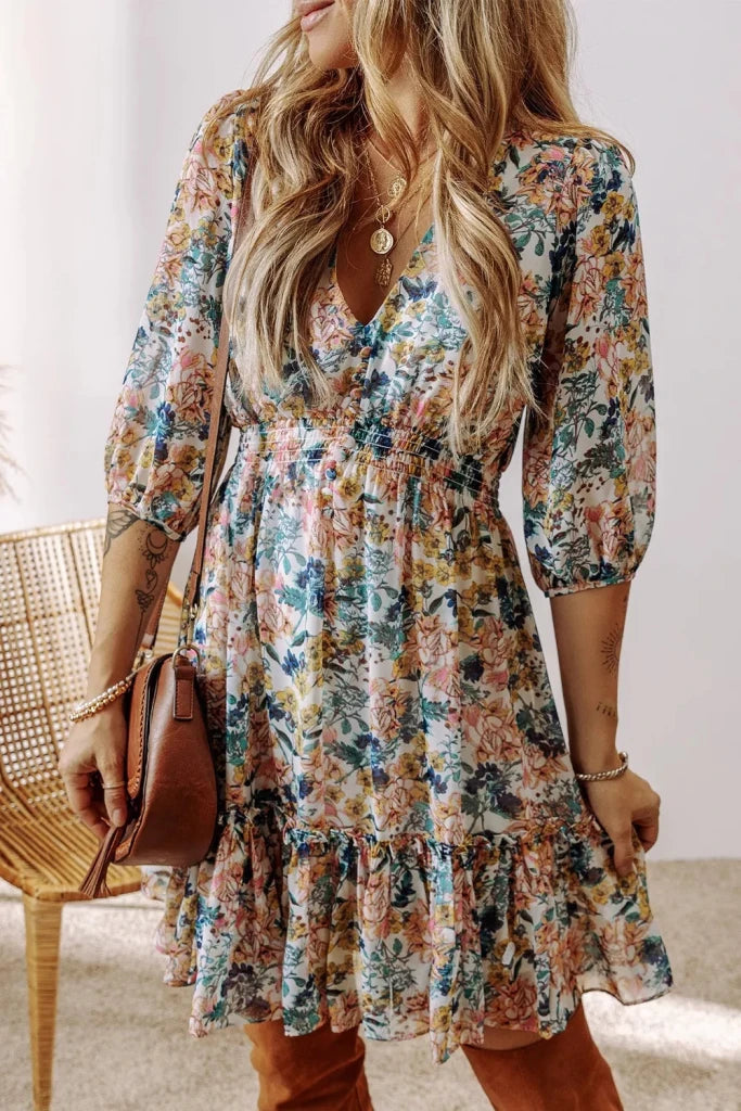Floral Print Ruffle Hem Mini Dress - Floral by Trendsi from FREYA’S CLOSET