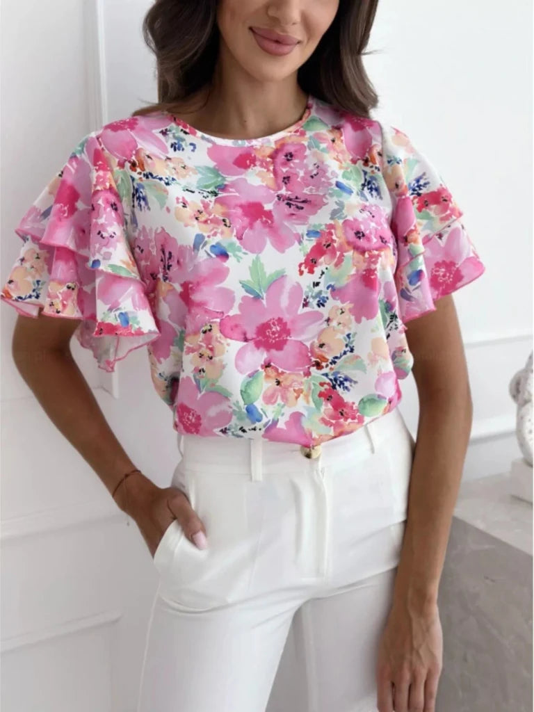 Floral Print Ruffle Sleeve Blouse - Dusty Pink by Trendsi from FREYA’S CLOSET