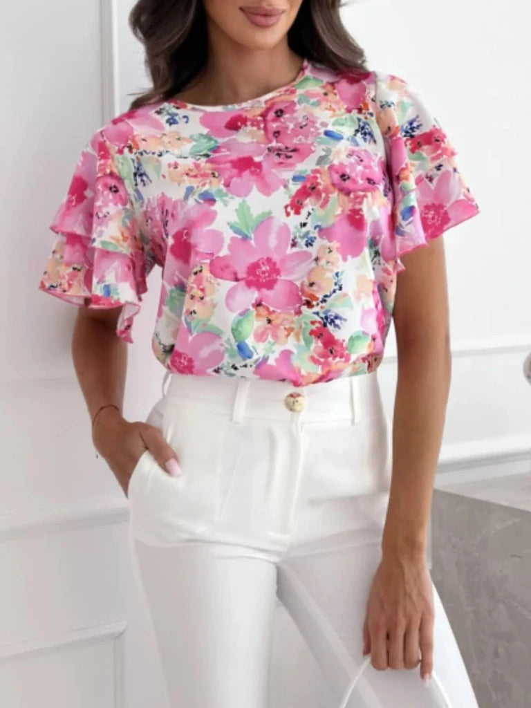 Floral Print Ruffle Sleeve Blouse - Dusty Pink by Trendsi from FREYA’S CLOSET
