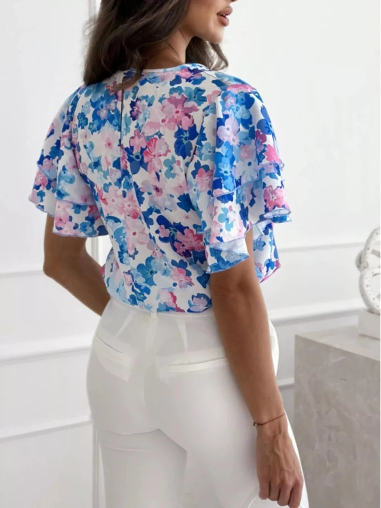 Floral Print Ruffle Sleeve Blouse - Light Blue by Trendsi from FREYA’S CLOSET