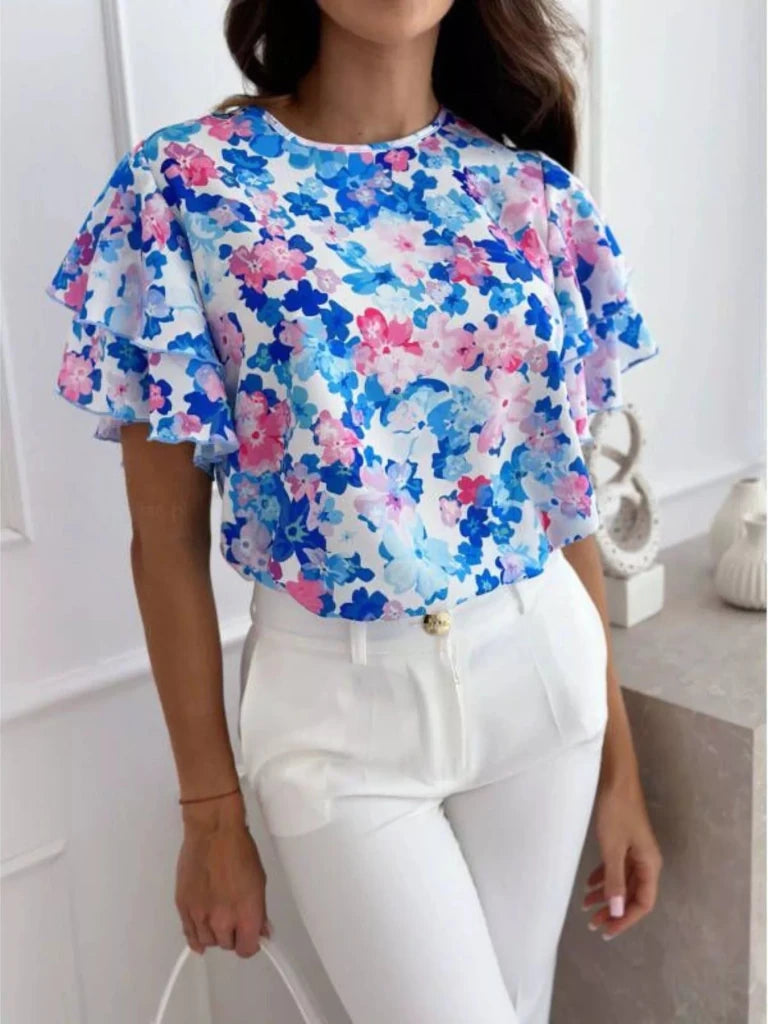 Floral Print Ruffle Sleeve Blouse - Light Blue by Trendsi from FREYA’S CLOSET