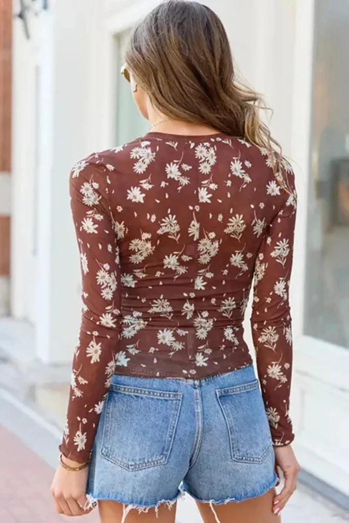 Floral Print Sheer Mesh Long Sleeve Top - Brown by Trendsi from FREYA’S CLOSET