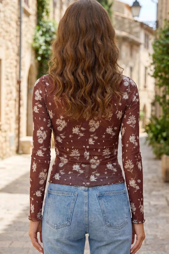 Floral Print Sheer Mesh Long Sleeve Top - Brown by Trendsi from FREYA’S CLOSET