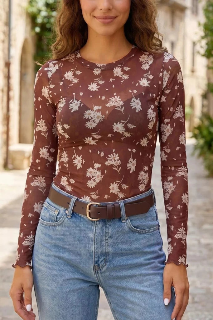 Floral Print Sheer Mesh Long Sleeve Top - Brown by Trendsi from FREYA’S CLOSET