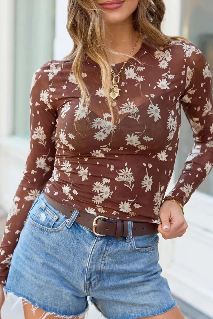 Floral Print Sheer Mesh Long Sleeve Top - Brown by Trendsi from FREYA’S CLOSET