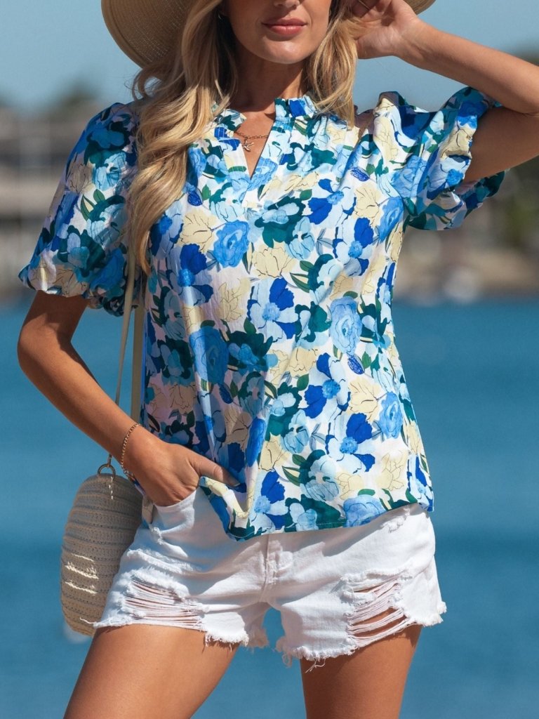 Floral Print Short Puff Sleeve V Neck Blouse - Light Blue by Trendsi from FREYA’S CLOSET
