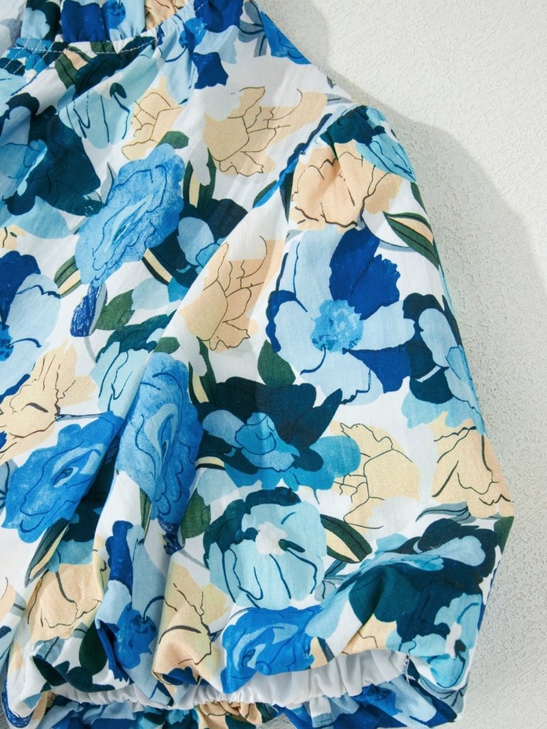 Floral Print Short Puff Sleeve V Neck Blouse - Light Blue by Trendsi from FREYA’S CLOSET