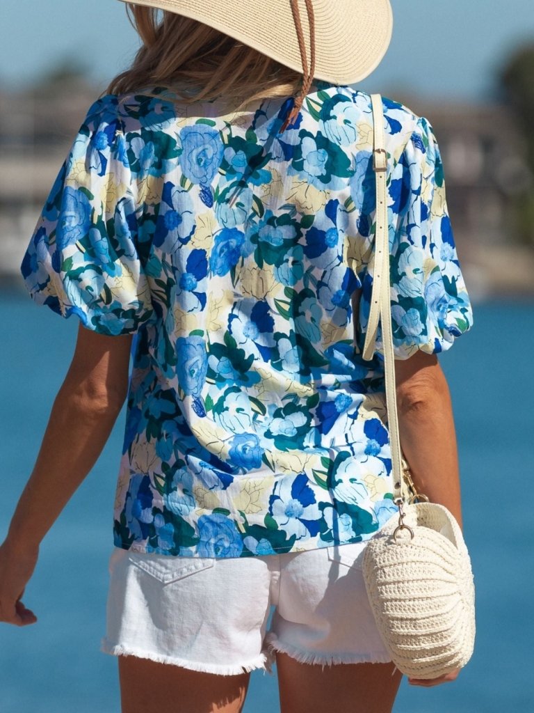 Floral Print Short Puff Sleeve V Neck Blouse - Light Blue by Trendsi from FREYA’S CLOSET