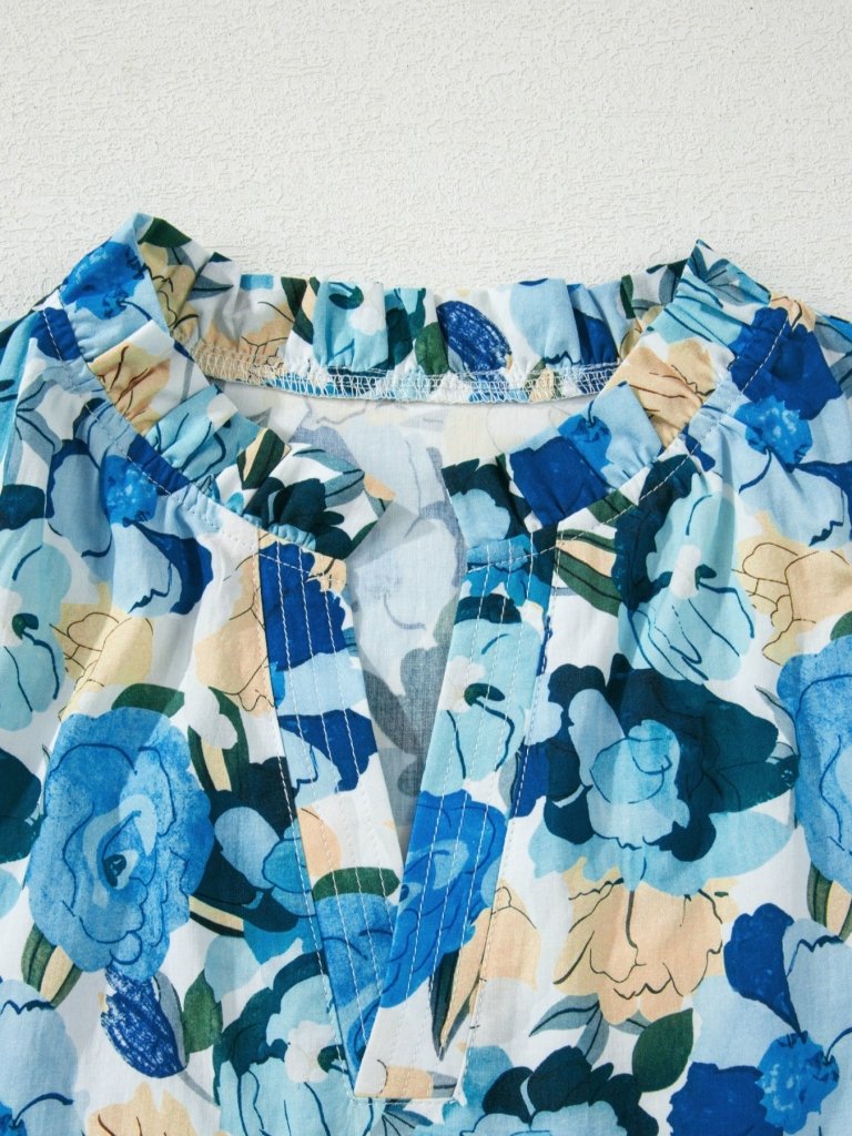 Floral Print Short Puff Sleeve V Neck Blouse - Light Blue by Trendsi from FREYA’S CLOSET