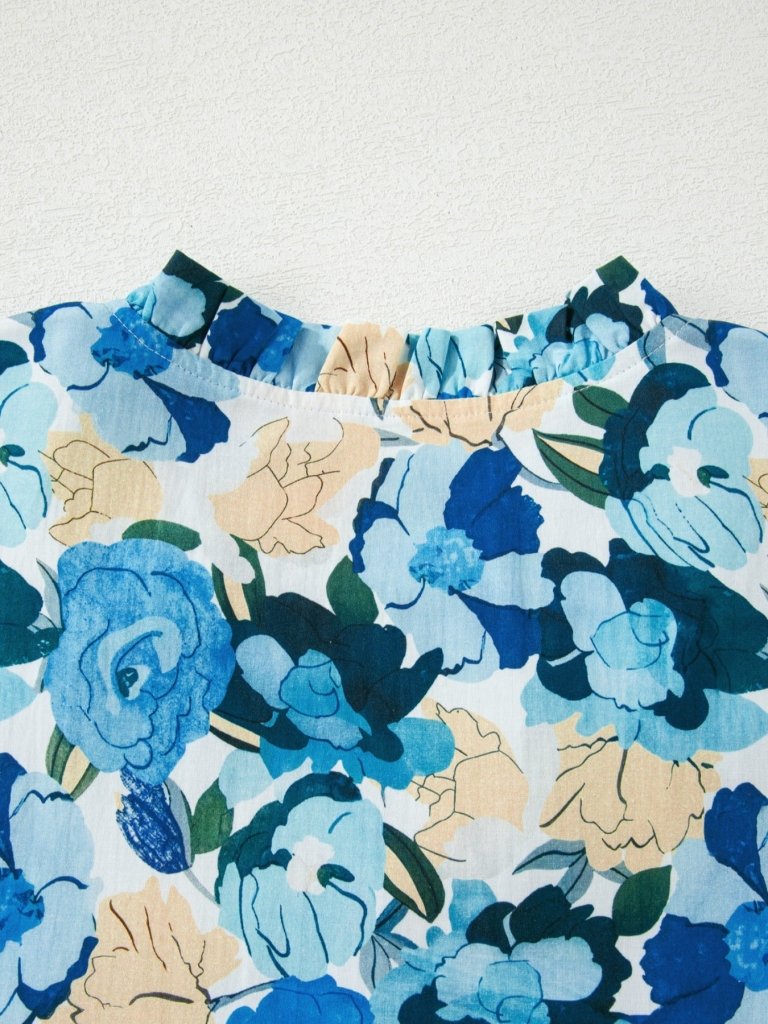 Floral Print Short Puff Sleeve V Neck Blouse - Light Blue by Trendsi from FREYA’S CLOSET