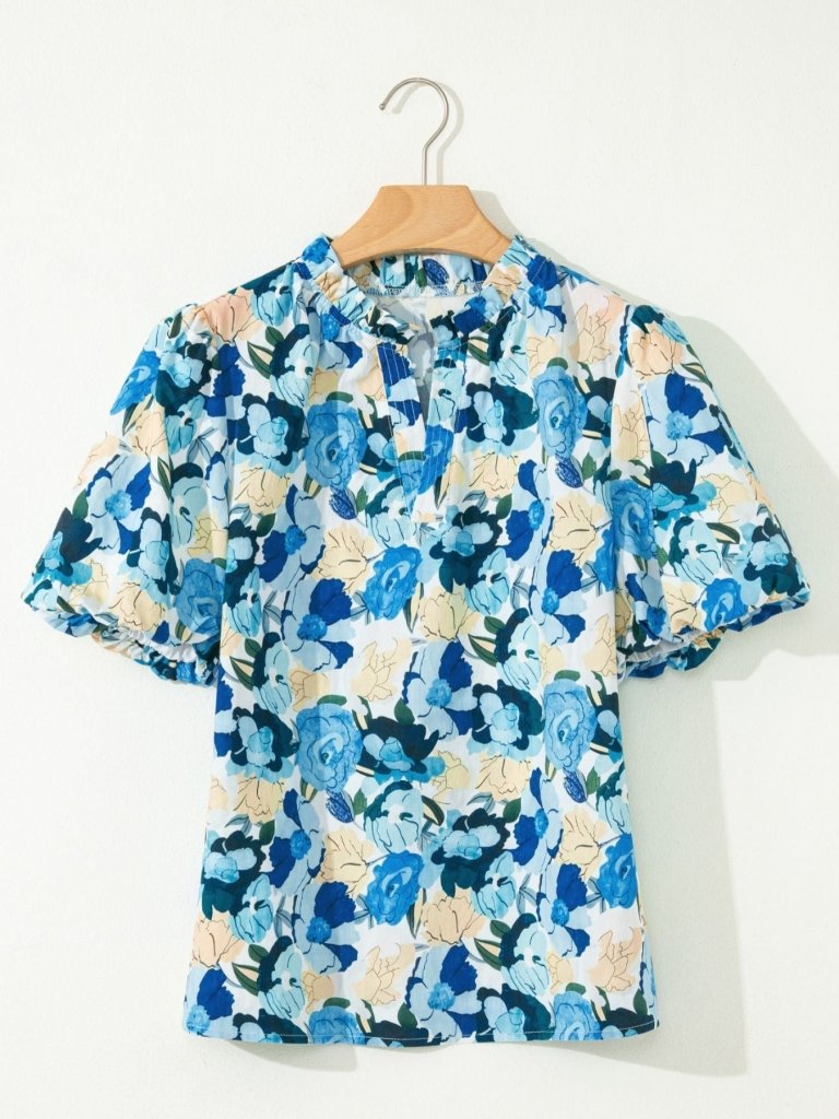 Floral Print Short Puff Sleeve V Neck Blouse - Light Blue by Trendsi from FREYA’S CLOSET