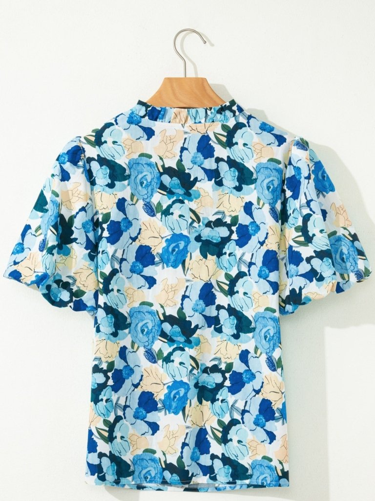 Floral Print Short Puff Sleeve V Neck Blouse - Light Blue by Trendsi from FREYA’S CLOSET