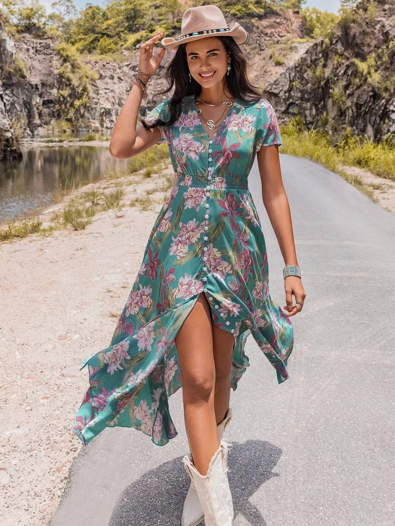 Floral Print Short Sleeve Dress - Sky Blue by Trendsi from FREYA’S CLOSET