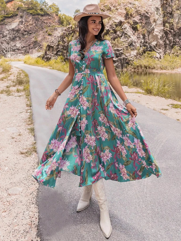 Floral Print Short Sleeve Dress - Sky Blue by Trendsi from FREYA’S CLOSET