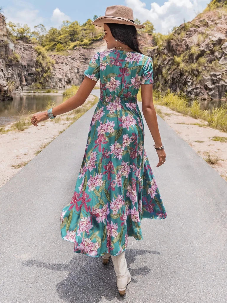 Floral Print Short Sleeve Dress - Sky Blue by Trendsi from FREYA’S CLOSET