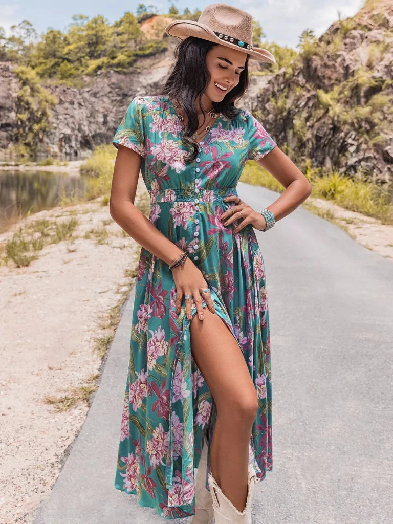 Floral Print Short Sleeve Dress - Sky Blue by Trendsi from FREYA’S CLOSET