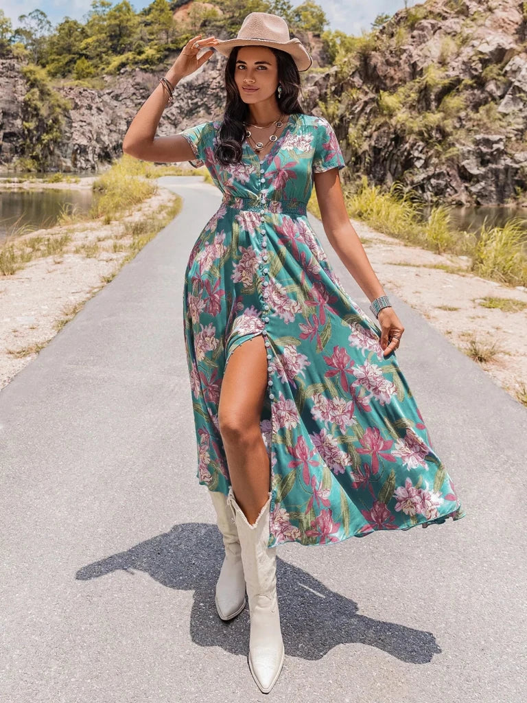 Floral Print Short Sleeve Dress - Sky Blue by Trendsi from FREYA’S CLOSET