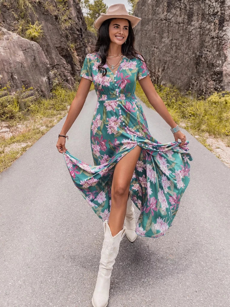 Floral Print Short Sleeve Dress - Sky Blue by Trendsi from FREYA’S CLOSET