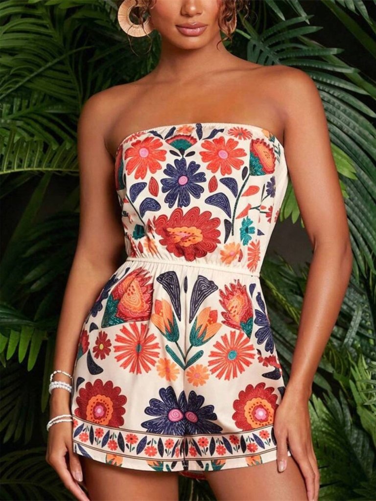 Floral Print Strapless Elastic Waist Romper - Deep Red by Trendsi from FREYA’S CLOSET