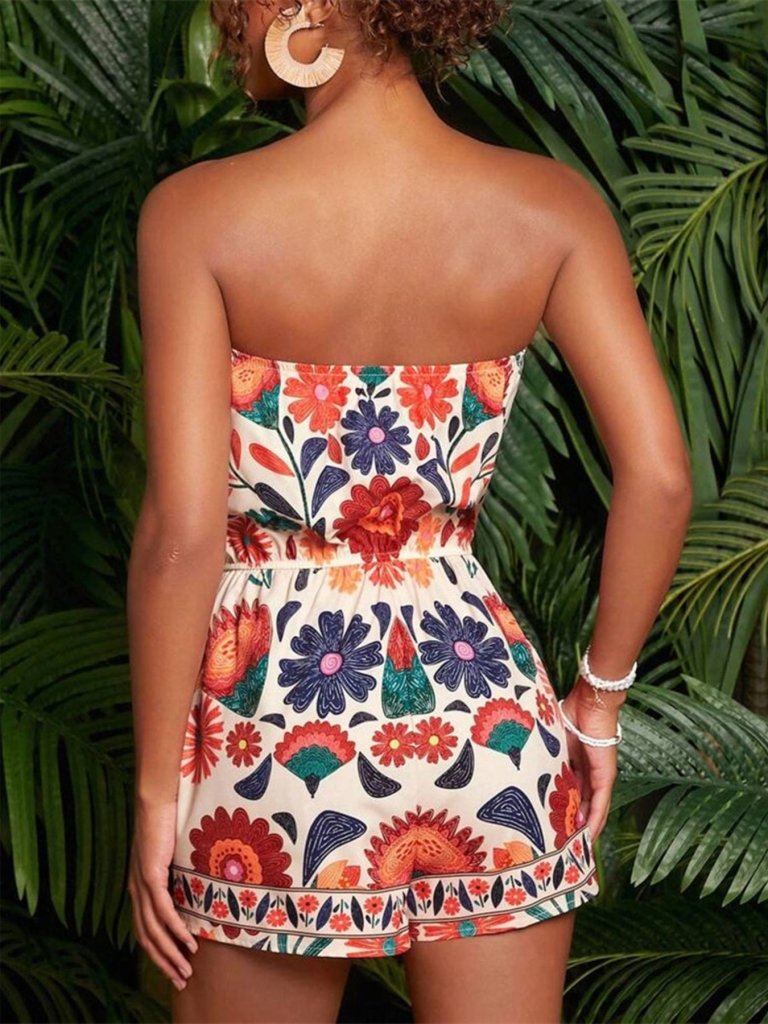 Floral Print Strapless Elastic Waist Romper - Deep Red by Trendsi from FREYA’S CLOSET