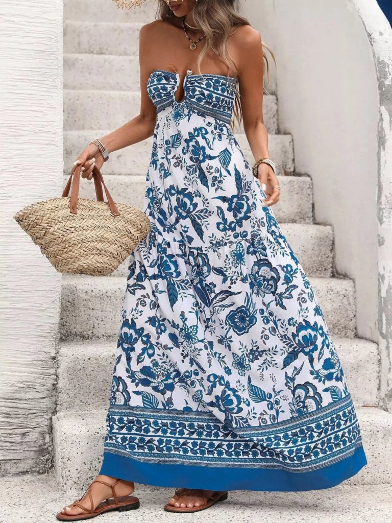 Floral Print Strapless Maxi Dress - Blue by Trendsi from FREYA’S CLOSET