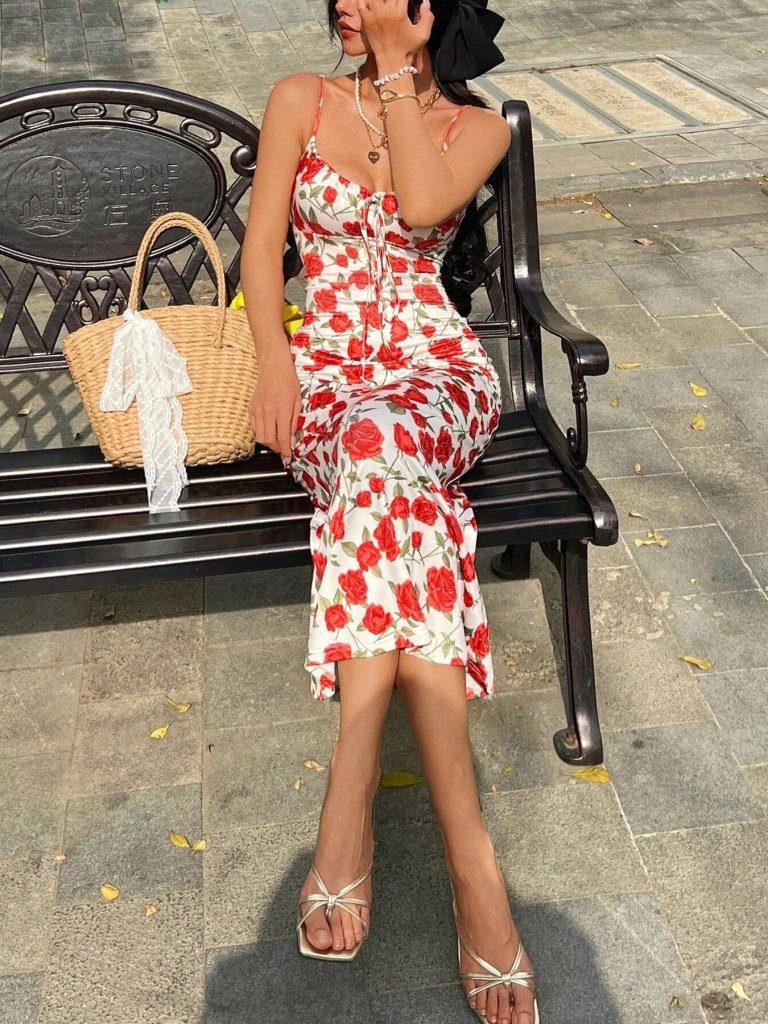 Floral Print Tie - Front Midi Dress - Floral by Trendsi from FREYA’S CLOSET