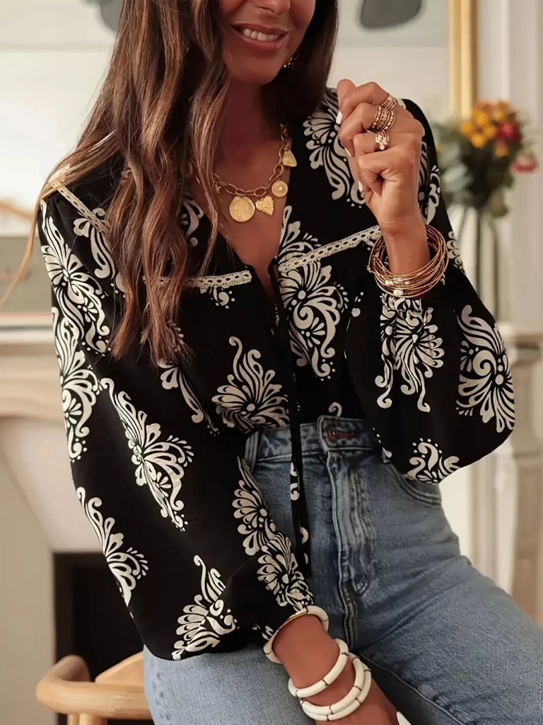 Floral Print Tie - Neck Blouse - Black by Trendsi from FREYA’S CLOSET