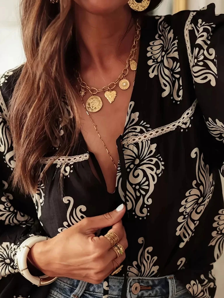 Floral Print Tie - Neck Blouse - Black by Trendsi from FREYA’S CLOSET