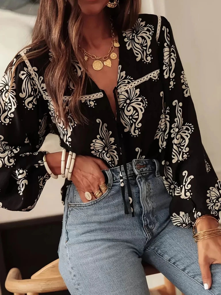 Floral Print Tie - Neck Blouse - Black by Trendsi from FREYA’S CLOSET