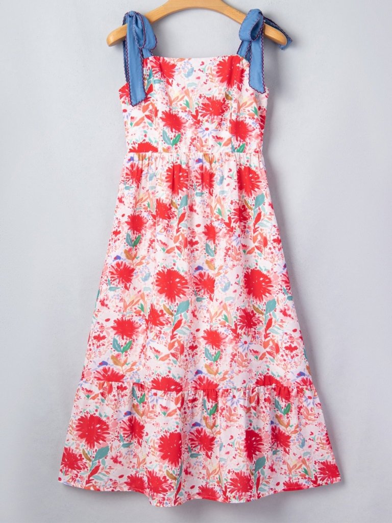 Floral Print Tie - Shoulder Midi Dress - Burnt Coral by Trendsi from FREYA’S CLOSET