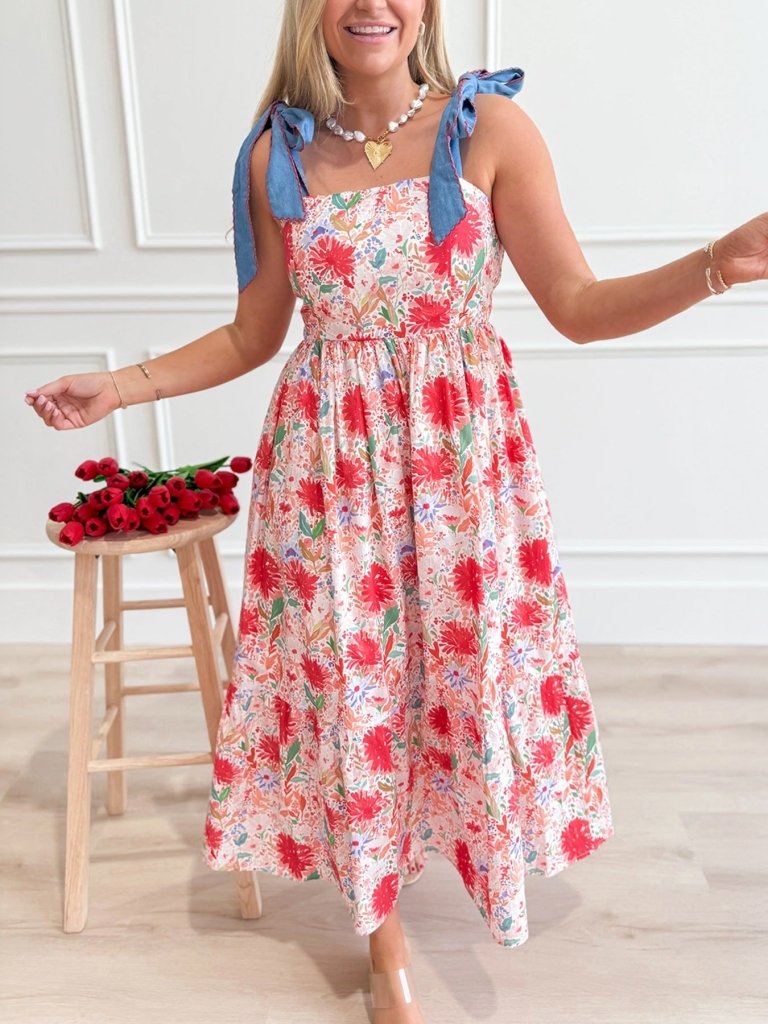 Floral Print Tie - Shoulder Midi Dress - Burnt Coral by Trendsi from FREYA’S CLOSET