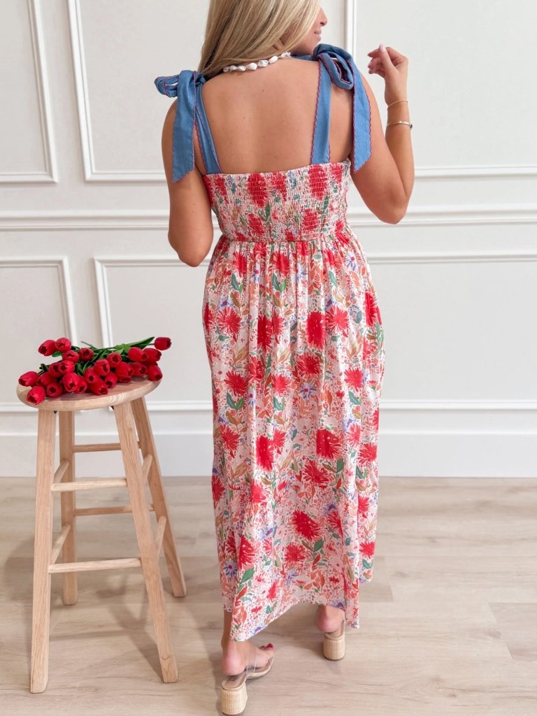 Floral Print Tie - Shoulder Midi Dress - Burnt Coral by Trendsi from FREYA’S CLOSET
