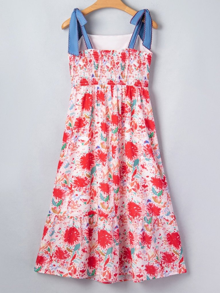 Floral Print Tie - Shoulder Midi Dress - Burnt Coral by Trendsi from FREYA’S CLOSET