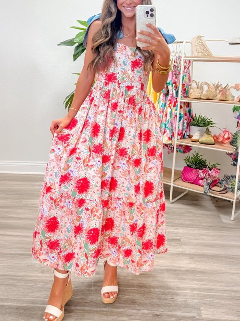 Floral Print Tie - Shoulder Midi Dress - Burnt Coral by Trendsi from FREYA’S CLOSET