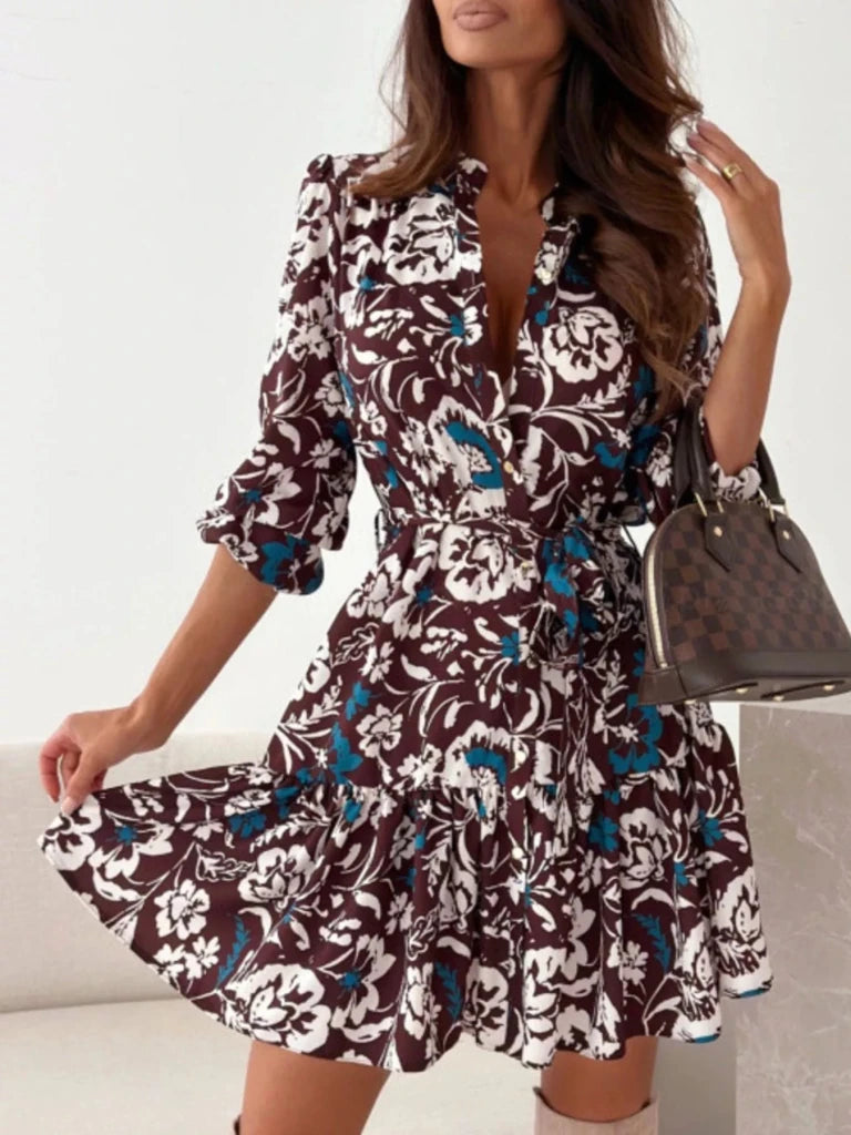 Floral Print Tie Waist Mini Dress - Brown by Trendsi from FREYA’S CLOSET
