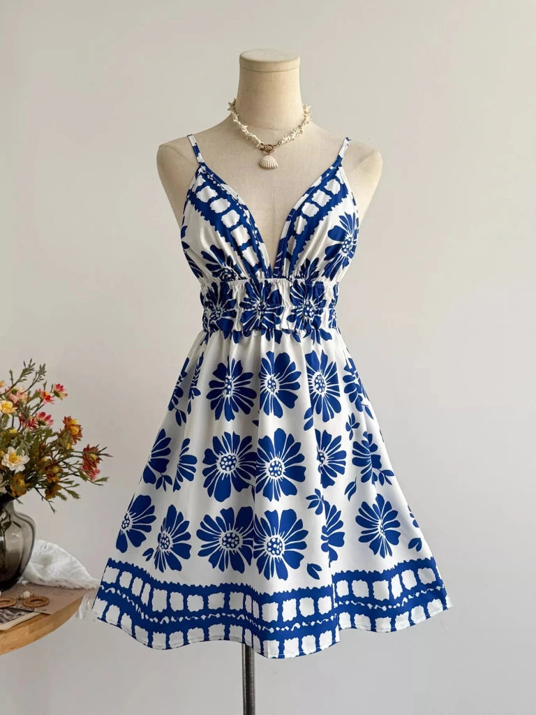 Floral Print V - Neck Mini Dress - Royal Blue by Trendsi from FREYA’S CLOSET