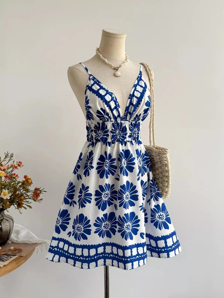 Floral Print V - Neck Mini Dress - Royal Blue by Trendsi from FREYA’S CLOSET