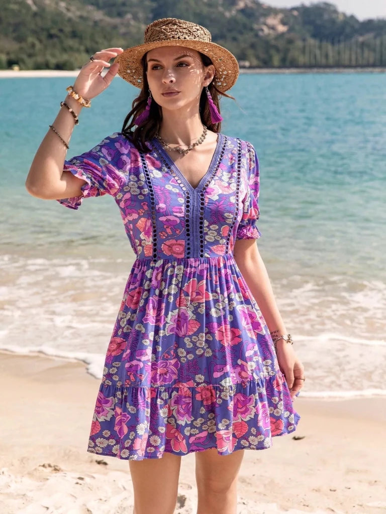 Floral Print V - Neck Mini Dress - Vivid Violet by Trendsi from FREYA’S CLOSET