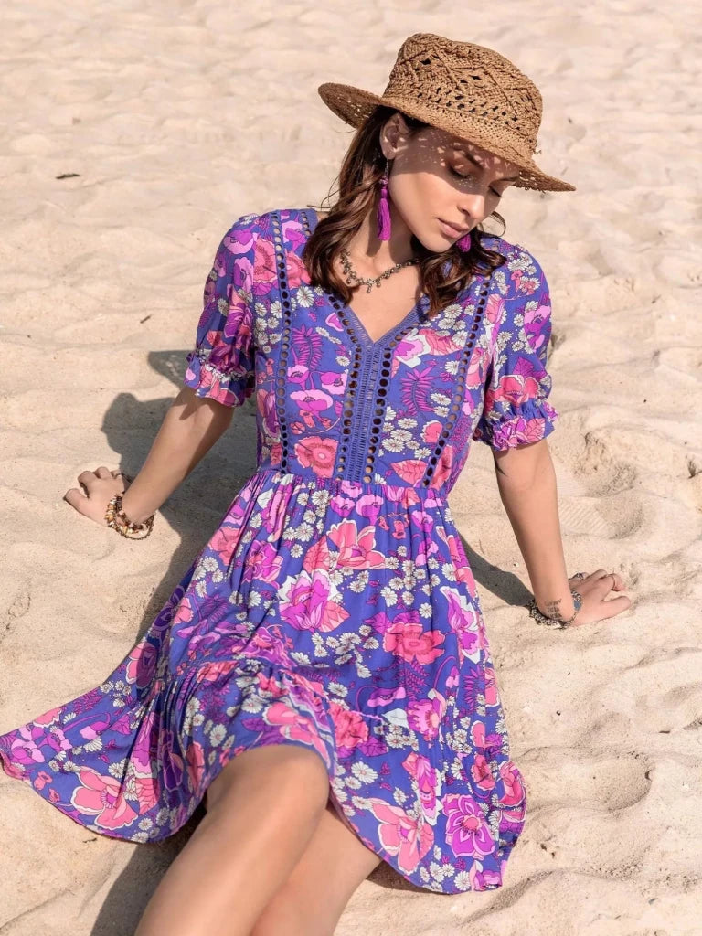Floral Print V - Neck Mini Dress - Vivid Violet by Trendsi from FREYA’S CLOSET